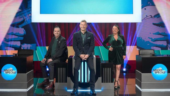 Alan Brough, Adam Hills and Myf Warhurst on the set of the new season of Spicks and Specks.