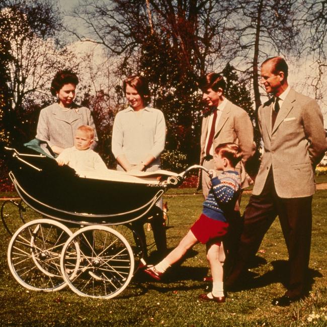 Queen Elizabeth II and The Prince Philip, Duke of Edinburgh with their children (right to left); Charles, PrinceAndrew, Prince Edward and Princess Annein 1965 celebrating the Queen's 39th birthday at Windsor.