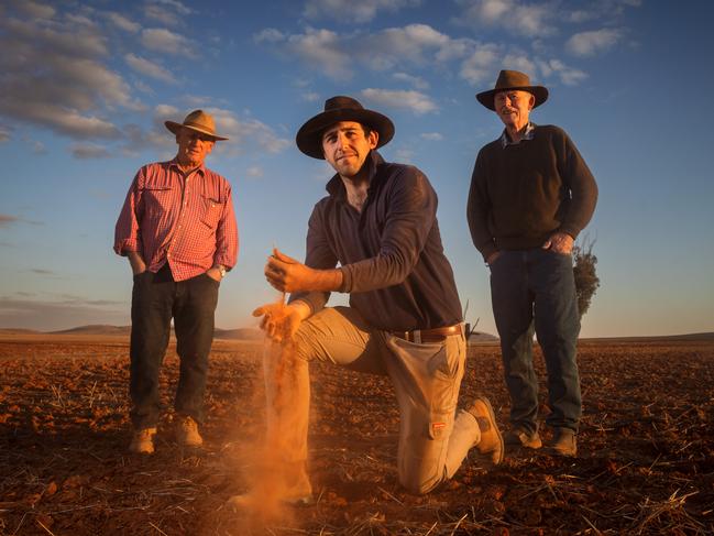 Farmers Gilmour Catford with his son Andrew Catford and brother Rod Catford on their property in Morchard. GoyderÃ¢â¬â¢s Line, South Australia. Picture by Matt Turner.