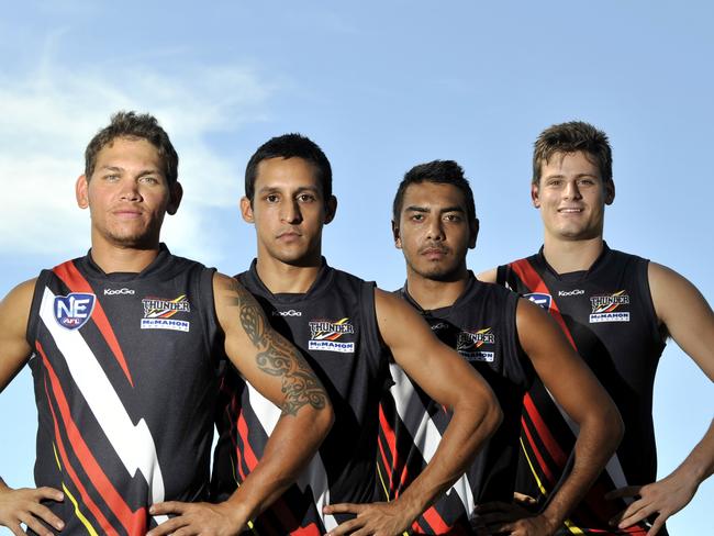 NT Thunder's four NTFL best-and-fairest winners in March 2013 – Phillip Wills (Darwin Buffaloes at the time), Aaron Motlop (Wanderers), Shannon Rioli (St Mary’s) and Justin Beugelaar (Waratah). Picture: Elise Derwin