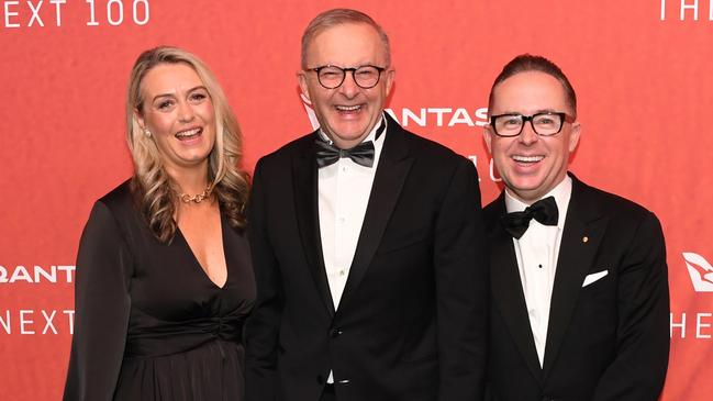 Prime Minister Anthony Albanese and partner Jodie Haydon with Alan Joyce at a Qantas gala in March. Picture: Getty Images