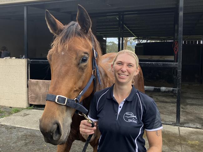 Queensland apprentice jockey Emily Pomfrett is back on the horse as she recovers from a brain injury sustained in a shocking incident earlier this year. Picture: Ben Dorries,