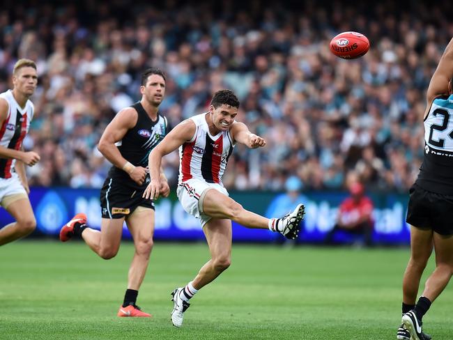 Leigh Montagna boots a goal.