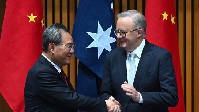 Chinese Premier Li Qiang and Anthony Albanese in Canberra on Monday. Picture: AFP