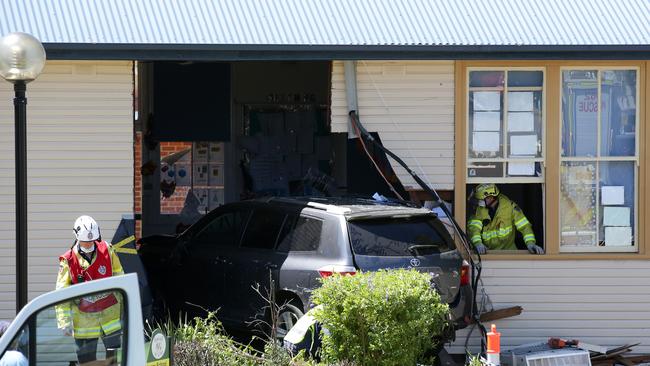 The Toyota Kruger wedged into the school building yesterday. Picture: Jonathan Ng