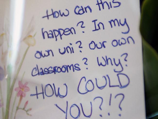 A note on one bunch of flowers sums up students’ anger and sadness. Picture: HWT library