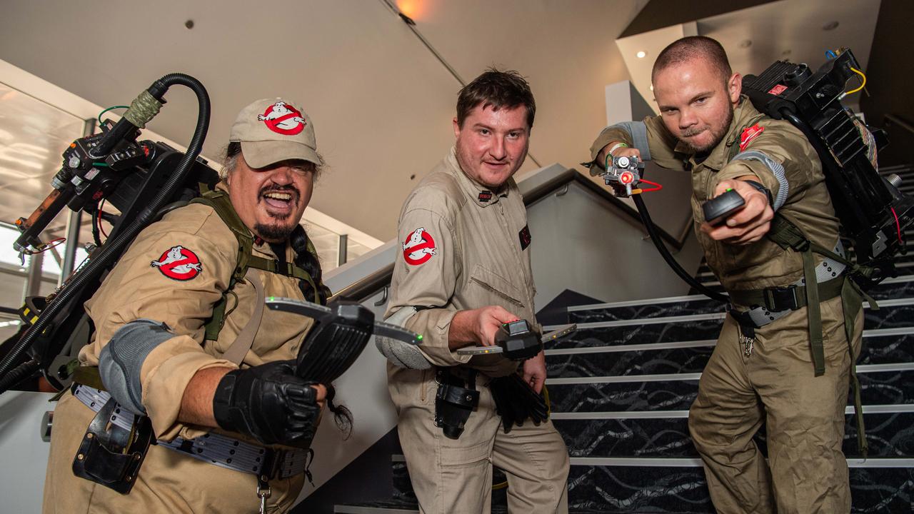 Geoffrey Dixon, Tim Read and Mick Sturdy as Ghostbusters attended TROPiCON 2023 at the Darwin Entertainment Centre. Picture: Pema Tamang Pakhrin