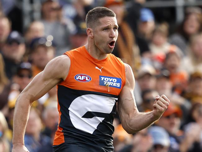 Giants Jesse Hogan celebrates kicking a goal  during the AFL Round 21 match between the GWS Giants and Hawthorn Hawks at Manuka Oval, Canberra on August 4, 2024. Photo by Phil Hillyard(Image Supplied for Editorial Use only - **NO ON SALES** - Â©Phil Hillyard )