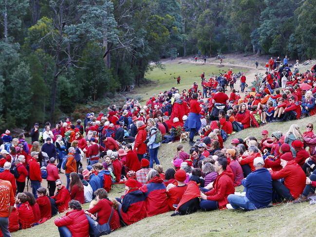 Strong opposition to the cable car proposal took shape in a large 'No cable car' human sign in the foothills of kunanyi/Mt Wellington today. Picture: MATT THOMPSON