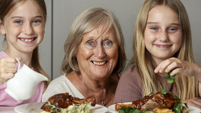 Phoebe, 11, Felicity, 8, and Sheila pose for a photo for Coles Autumn Valuel, Melbourne, Australia on March 26th 2024. Photo by Martin Keep/Coles