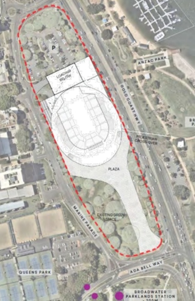 An image from a Gold Coast City Council report showing the site coverage for the planned Gold Coast Arena at Carey Park.