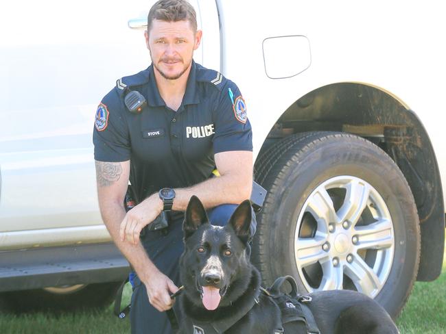 Senior Constable Ben Stove with Arnhem   part of the NT Police Dog Squad.Picture: Glenn Campbell