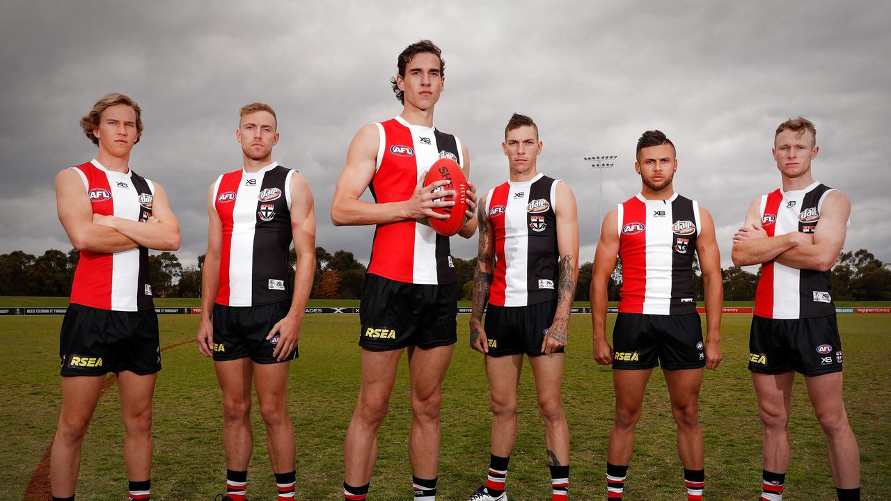 St Kilda’s 2018 draft crop, Jack Bytel, Callum Wilkie, Max King, Matthew Parker, Robbie Young and Nick Hind. Picture: Getty Images