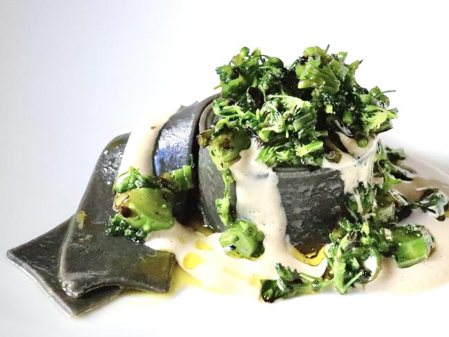 Fico’s Pappardelle dish featuring chewy inky black pasta are enrobed in a velvety oyster emulsion that tastes briny and fresh and is topped with finely chopped charred brassica. Picture Oskar Rossi