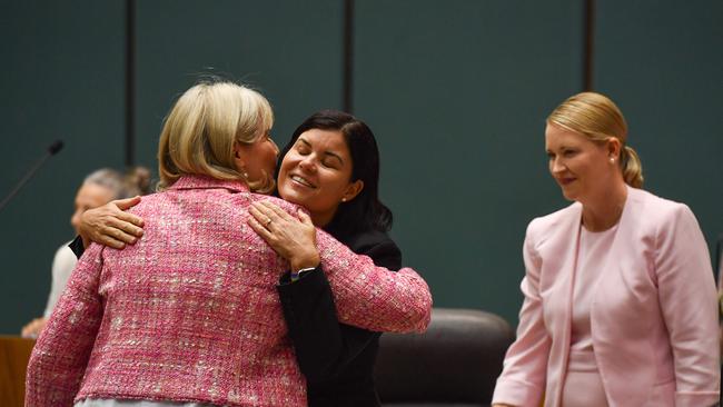 Eva Lawler, Natasha Fyles and Nicole Manison celebrated after the NT government handed down its 2023-24 budget in parliament in early March. Picture: Pema Tamang Pakhrin