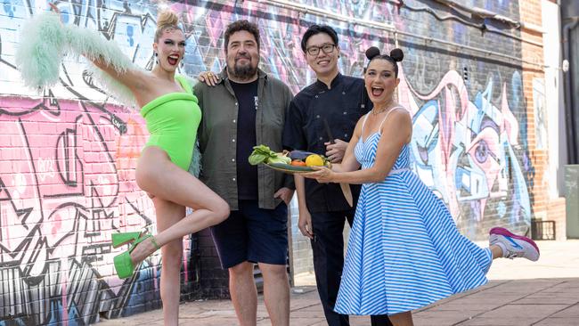 Chefs Duncan Welgemond and Chester Chan (centre) with Fringe performers Alex De Porteous from BITE and Monski Mouse from Monski Mouse’s Baby Disco Dance Hall. Picture: Kelly Barnes