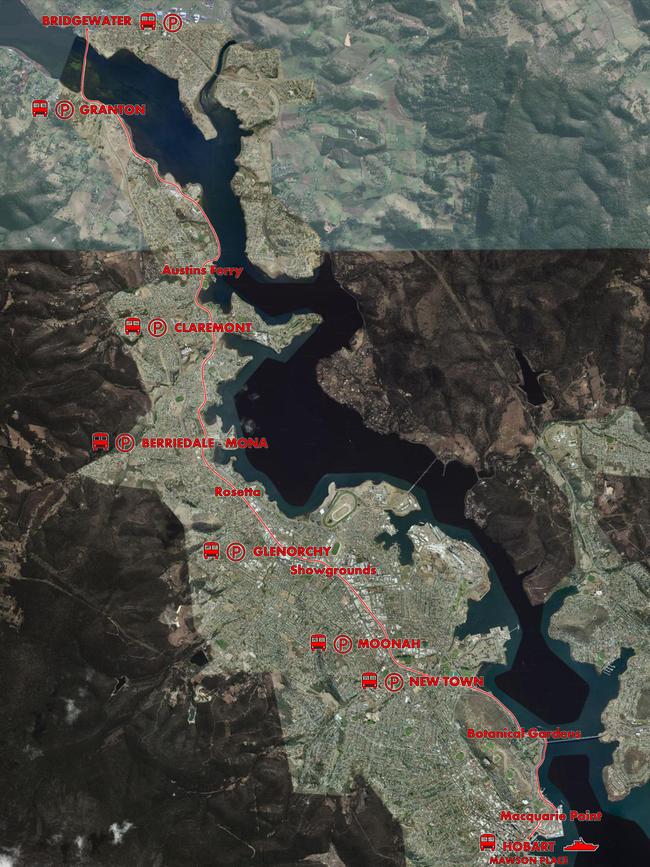 Graphic of proposed light rail stations from Hobart to Bridgewater Supplied: HOBART NORTHERN SUBURBS RAIL ACTION GROUP