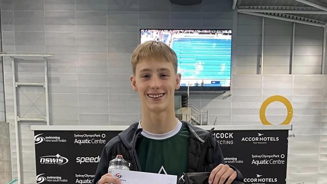 Sterling Tuxford claims Swimmer of the Night. Image from Trinity Swimming Club - NSW Facebook