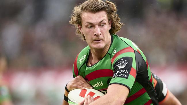 SYDNEY, AUSTRALIA - MAY 13: Campbell Graham of the Rabbitohs is tackled during the round 11 NRL match between South Sydney Rabbitohs and Wests Tigers at Accor Stadium on May 13, 2023 in Sydney, Australia. (Photo by Brett Hemmings/Getty Images)