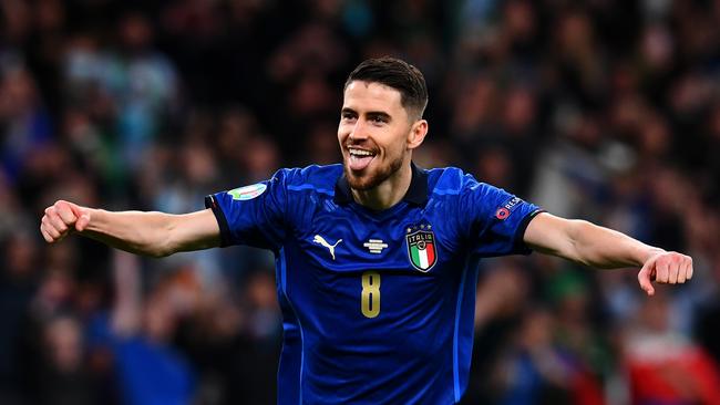 Jorginho of Italy celebrates scoring his side’s winning penalty in the penalty shoot out during the UEFA Euro 2020 Championship Semi-final match between Italy and Spain at Wembley.