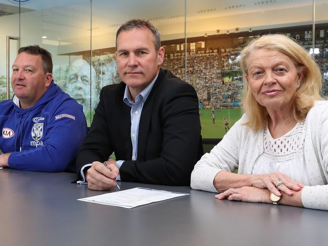 Bulldogs Football Manager Stephen Litvensky, Pathways and Development Officer Craig Wilson, Bulldogs CEO Andrew Hill and Bulldogs Chair Lynne Anderson in the boardroom at Belmore Sports Ground, Sydney. Picture: Brett Costello