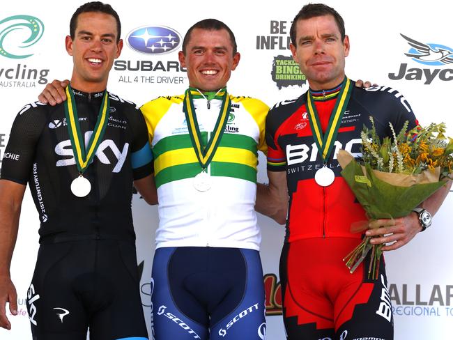 Winner Simon Gerrans on the podium with Cadel Evans and Richie Porte after the Australian Titles. Picture: Michael Klein.