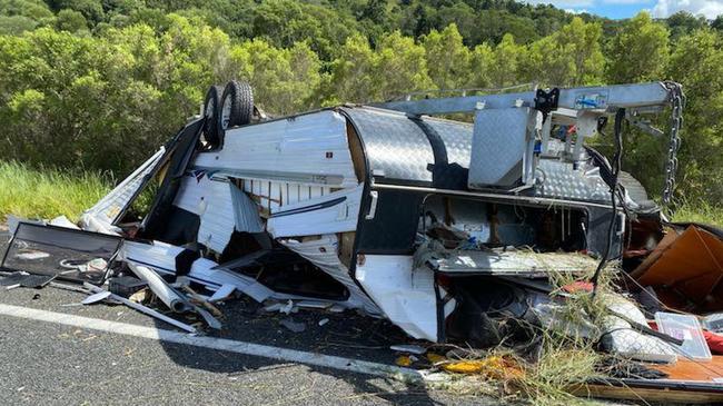 A driver was lucky to escape this horror caravan crash at Federal south of Gympie yesterday when his 4WD blew a tyre. Pictures: Courtesy of Clayton's Towing Facebook page