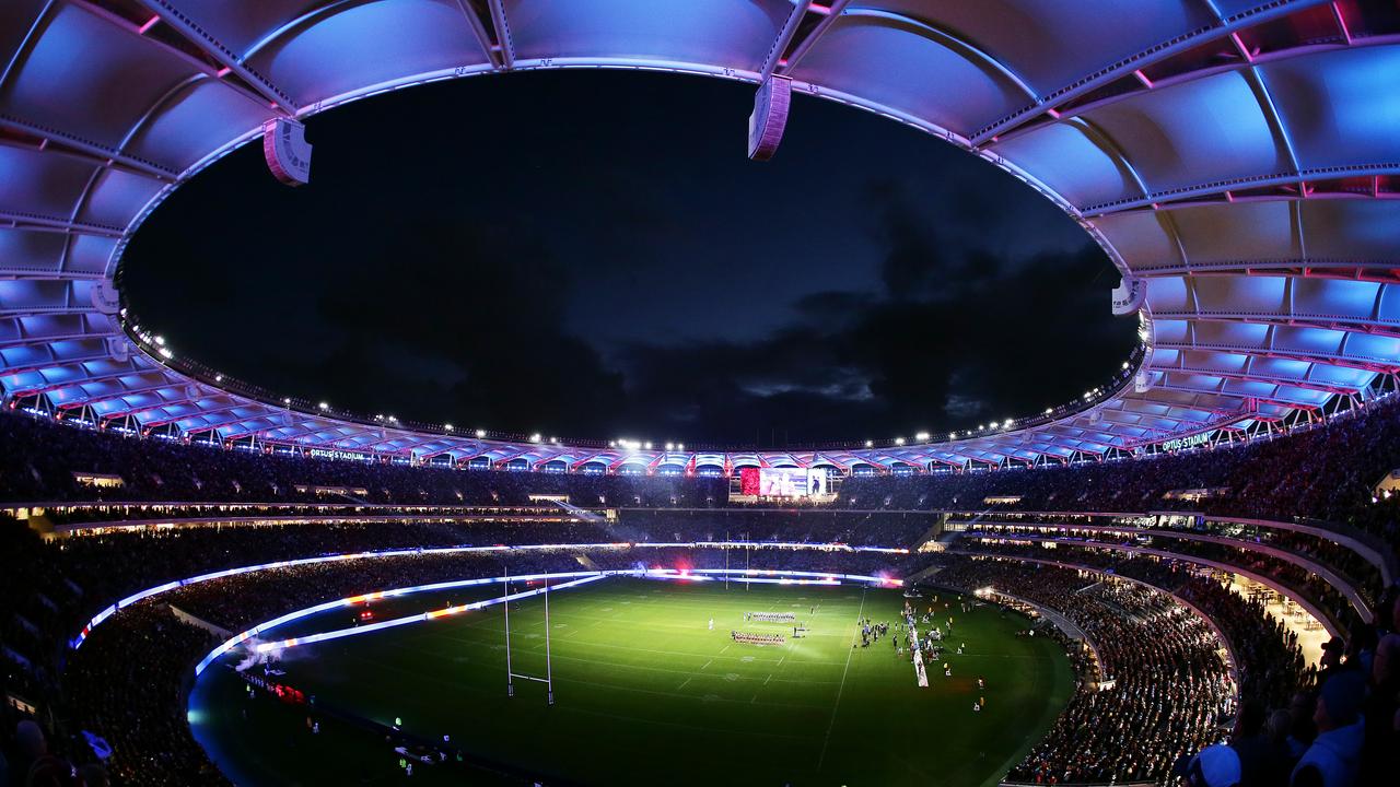 PERTH, AUSTRALIA - JUNE 23: A general view as the Australian national anthem is played during game two of the 2019 State of Origin series between the New South Wales Blues and the Queensland Maroons at Optus Stadium on June 23, 2019 in Perth, Australia. (Photo by Will Russell/Getty Images)