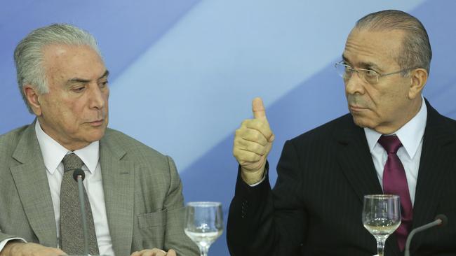 Brazil’s President Michel Temer, left, sits next to his Chief of Staff Eliseu Padilha, during a press conference at the Planalto Presidential Palace, in Brasilia. Picture: Eraldo Peres/AP