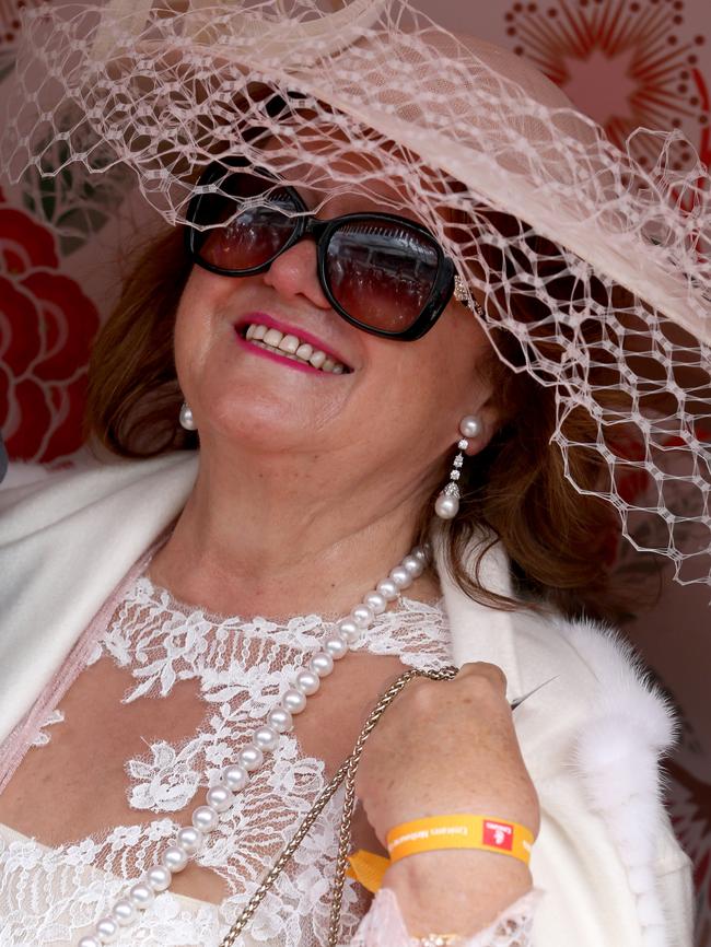 Gina Rinehart shows off her outfit in the Birdcage. Picture: David Geraghty