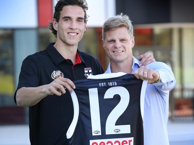 Exclusive. Saints jumper presentation. New draftee Max King excepts the No.12 jumper of Nick Riewoldt at the Saint's Moorabbin Ground.    Picture: David Caird