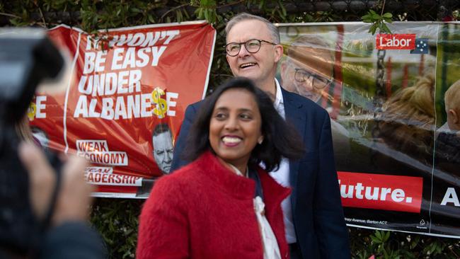 Michelle Ananda-Rajah and Anthony Albanese (back) on election day in 2022. Picture: Wendell Teodoro