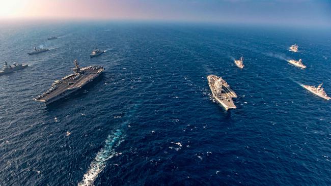 India, Australia, Japan and the United States take part in a strategic navy drill. Picture: AFP.