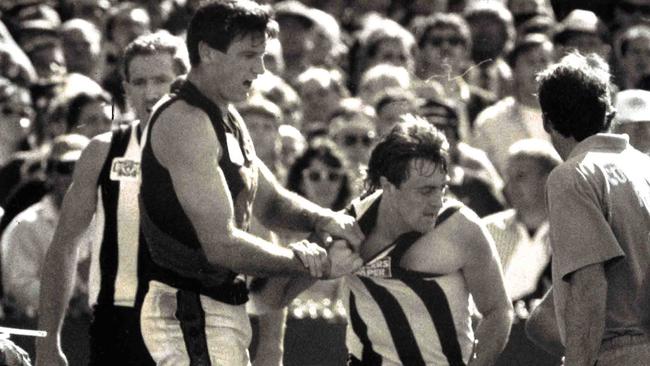 Simon Madden attempts to restrain an angry Mick McGuane after Gavin Brown was floored during the quarter-time brawl.