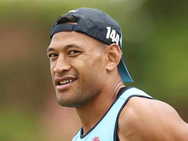 FILE: Israel Folau sacked by Rugby Australia for Homphobic tweet SYDNEY, AUSTRALIA - MAY 24:  Israel Folau looks on during a Waratahs Super Rugby training session at David Phillips Sports Complex on May 24, 2018 in Sydney, Australia.  (Photo by Mark Metcalfe/Getty Images)