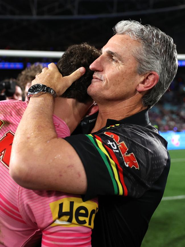 Ivan and Nathan Cleary embrace after the Panthers win. Picture: Cameron Spencer/Getty Images