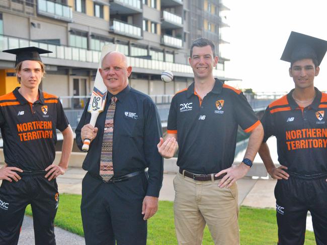 CDU Vice Chancellor Scott Bowman (second from left), Morrison with young Territory cricketers Sam Elder and Harsh Bimbral. Picture: Supplied.