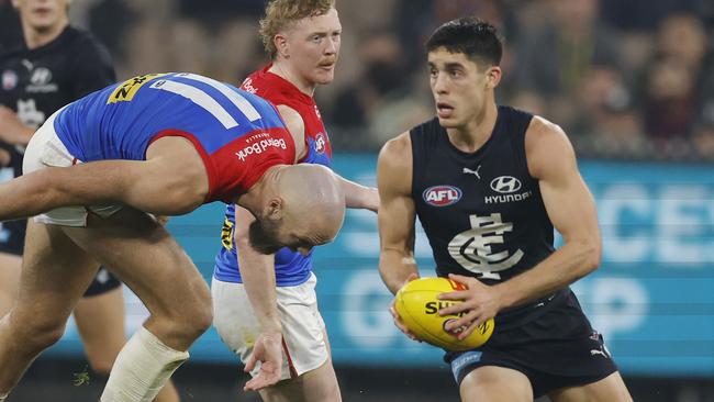 Carlton star Adam Cerra will await scans on a hamstring injury he suffered during the third quarter against Melbourne on Thursday night. Picture: Michael Klein