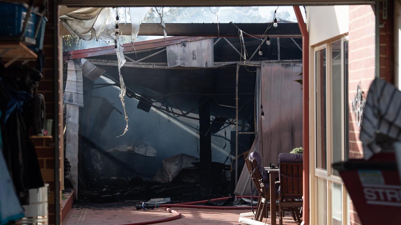 Fire has destroyed the back shed of Andy and Gail McDonald Drysdale home. Picture: Brad Fleet