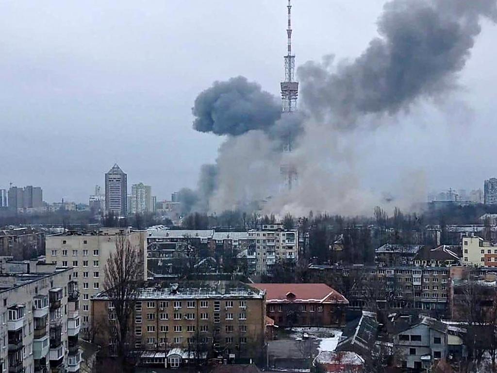 Smoke billows after a missile attack targeting the television centre in Kyiv, the Ukrainian capital. Picture: AFP/Ukrainian Interior Ministry Facebook account