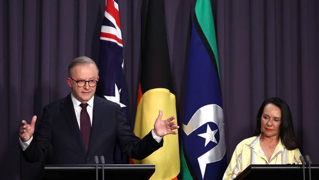 Anthony Albanese and Linda Burney attend a media conference at Parliament House.