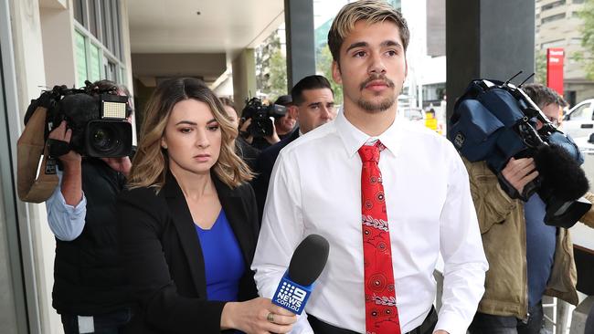 Sydney Swans rookie Elijah Taylor outside court after pleaded guilty to assaulting his ex-girlfriend at a hotel in Perth. Picture: Getty Images