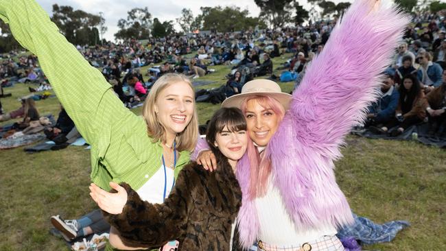 Enya Jasinski, Niamh Crowe and Sarah D’Angelo at the Sidney Myer Music Bowl. Picture: Tony Gough