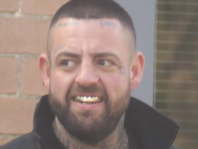 Former Rebels bikie before patching over to the Comanchero, Jesse Vella, 38, of Berkeley Vale, arriving at Wyong Local Court where he pleaded not guilty assaulting and intimidating a man at Chittaway Tavern on June 8, 2024. Picture: NewsLocal