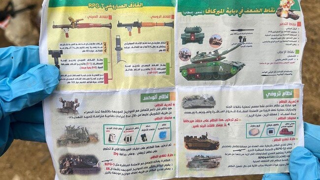 Documents recovered from the battle zone contain information on Israeli army units, their vehicles and driving routes. Picture: South First Responders/WSJ