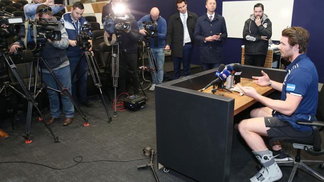 The media hangs on Dangerfield’s words. Picture: Mark Wilson