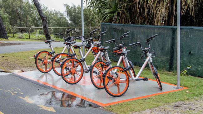 Mobikes parked at a station in Surfers Paradise. Picture: Jerad Williams