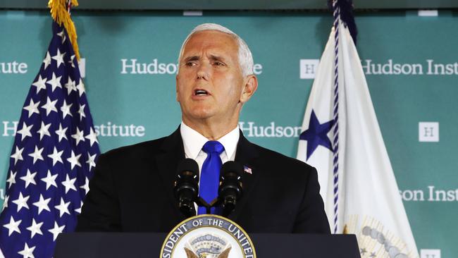 Mike Pence slams China influence at the Hudson Institute in Washington. Picture: AP.