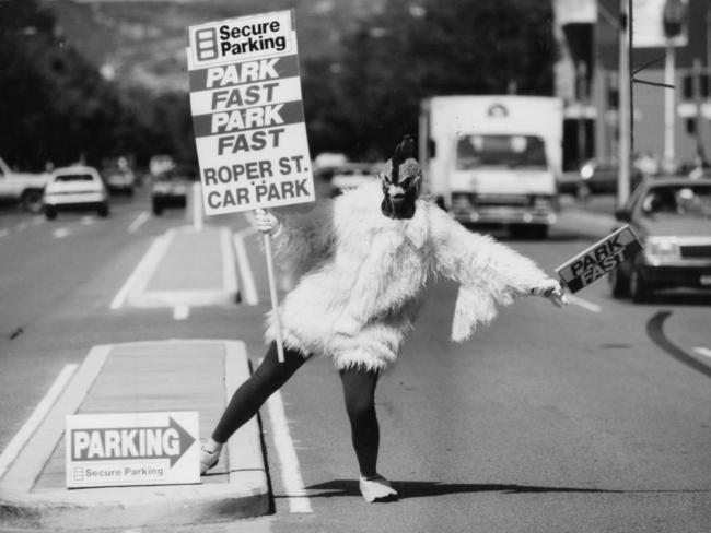 If there’s one thing Adelaide’s missing, it’s chickens trying to lure motorists into carcarparks. This is 1994.