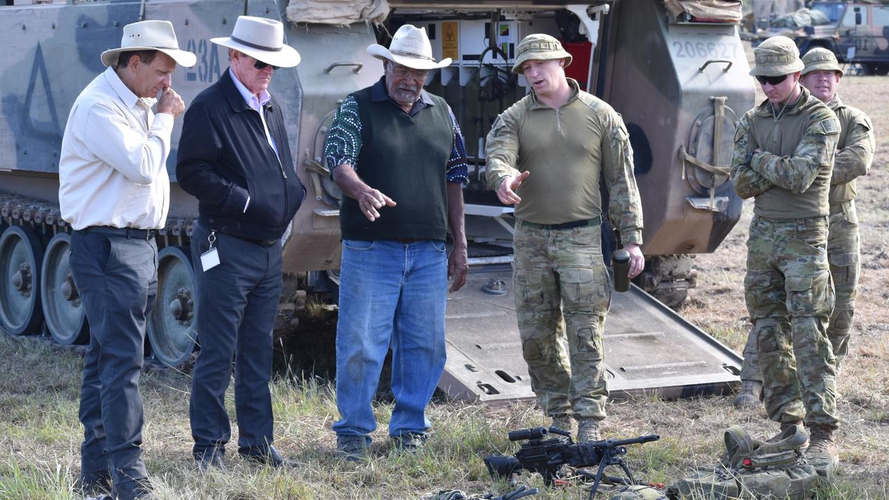 Rockhampton mayor Tony Williams, Livingstone mayor Andy Ireland, and Darumbal Uncle Bill Mann at the Shoalwater Bay Training Area for Exercise Diamond Walk 2021.